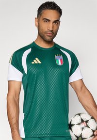 Camisola desportiva verde com detalhes brancos, apresentando o logótipo da seleção italiana de futebol e riscas douradas nos ombros. Tecido texturizado e design ajustado.