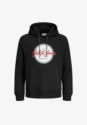 Must mustaga, millel on ees graafika, kus on kirjas "Jack & Jones" punases ja valges. Taskute ja soonikkoesed.