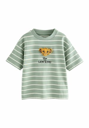 T-shirt à manches courtes rayé vert avec un graphique de Simba jaune et le texte "Disney Le Roi Lion". Matière en coton douce. Col rond.