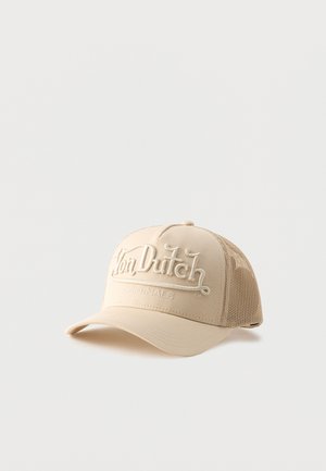 Beige Baseballcap mit Netzrücken und erhöhter Stickerei "Von Dutch Originals" auf der Vorderseite.