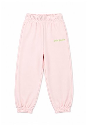 Pantaloni della tuta rosa chiaro con elastico in vita e polsini, con piccolo testo verde "Palm Angels" sulla parte superiore della gamba sinistra.