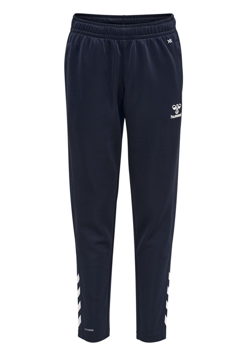 Marineblaue Sporthosen mit elastischem Bund, seitlichen weißen Chevronstreifen und Logodetails. Hergestellt aus glattem, leichtem Material.