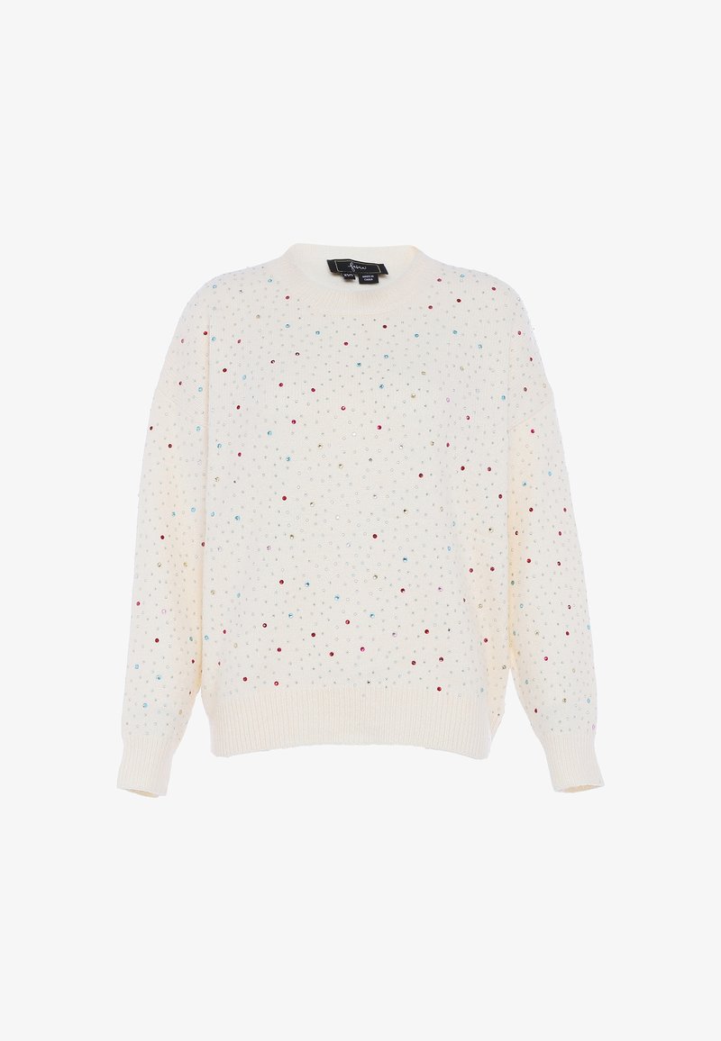 Tejelt krémszínű pulóver, kerek nyakkivágással, piros, kék és arany színű színes flitterekkel díszítve, bordás mandzsettákkal és aljjal. Laza fazonú.