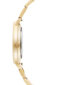 Slank guld armbåndsur med et sammenkoblet metalarmbånd vist fra siden, med fokus på kronen og urkassens profil.