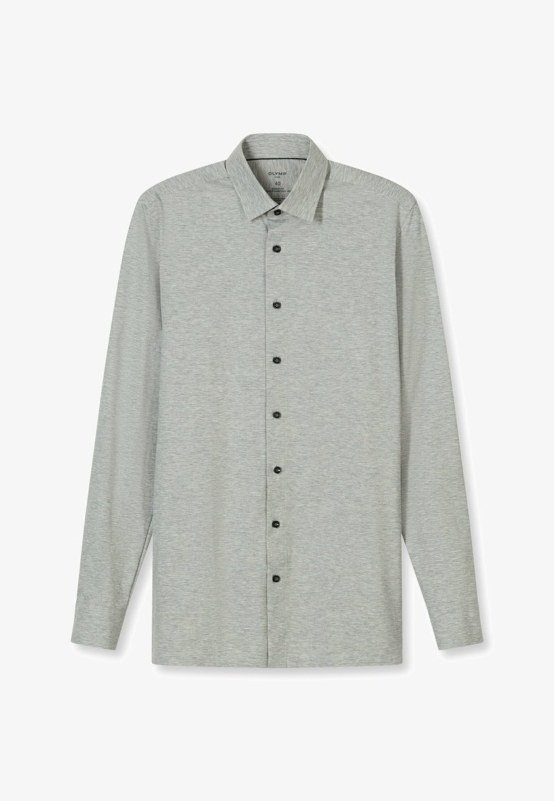 Langärmliges Hemd aus hellgrauem Stoff mit strukturierter Oberfläche, ausgestattet mit einem strukturierten Kragen und sechs schwarzen Knöpfen vorne.