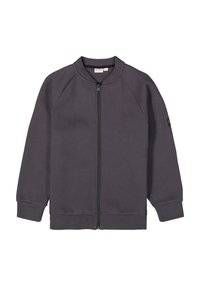 Sudadera de cremallera en gris oscuro con cuello y puños acanalados, con una textura de tela suave y un diseño de mangas raglán.