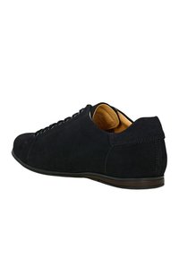 Marineblaue Wildlederschuhe mit runder Zehenform, Schnürdesign und glattem, bräunlichem Innenfutter. Minimalistische Naht und Gummisohle.