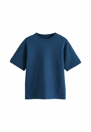 Navy blue cotton short-sleeve t-shirt with a crew neckline and relaxed fit. Features wide sleeves and a smooth texture.