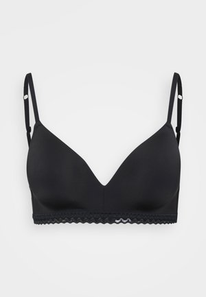 Bra wireless nero con finitura liscia, coppe triangulari, spalline regolabili e bordo in pizzo lungo la fascia.