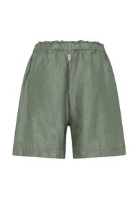Shorts larghi in lino verde oliva con elastico in vita e piccola etichetta centrale sul retro.
