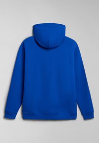 Sudadera azul con capucha, mangas largas y puños y bajo acanalados. Tejido liso sin patrones o acentos visibles. Vista trasera mostrada.