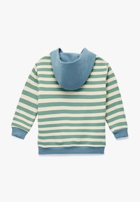 Randig sweatshirt med turkosa och krämfärgade ränder, en kontrasterande turkos huva, ribbade ärmslut och en mjuk textilfinish.