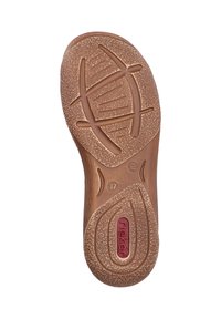 Brown rubber shoe sole with textured grip patterns, circular and linear designs, and a red logo detail. Size marked as 37.