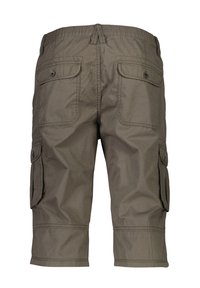 Bruine cargoshorts met meerdere zakken, een elastische tailleband en gestikte details. Gemaakt van lichtgewicht stof, geschikt voor casual draag.