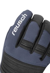 Marine- und schwarze Handschuhe aus flexiblem Stoff, mit strukturierten Griffbereichen und einem auffälligen weißen "reusch"-Logo auf der Rückseite. Mit gepolsterten Fingern ausgestattet.