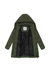 Abrigo de plumas verde oliva con capucha, que presenta una textura acolchada y forro negro. Cierre frontal con cremallera y botones a presión. Etiqueta interior visible.