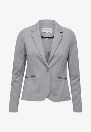 Pelēks žakets, kas izgatavots no mīksta, elastīga auduma. Tam ir iegriezts atlok, viens pogas aizdare un divas priekšējās kabatas ar smalku dekoru.