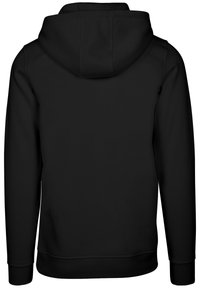 Felpa nera con cappuccio regolabile, maniche lunghe e polsini e orlo a costine. Tessuto liscio, design minimalista, senza motivi visibili.