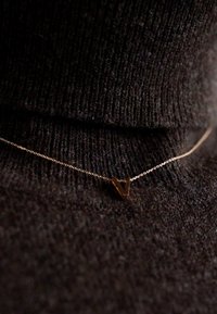 Zelta kaklarota ar trīsstūra "V" piekariņu, kas atrodas uz teksturēta melna augsta apkakles džempera. Ķēde ir smalka un delikāta.