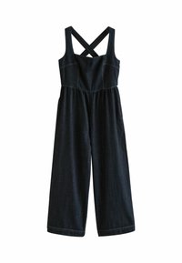 Dunkelblaues Denim-Overall mit weitem Bein, Kreuzträgern und geraffter Taille. Verfügt über eine einfarbige Optik und sichtbare Nähdetails.