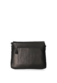 Borsa a tracolla in pelle nera con una texture morbida, tasca con zip sul davanti e design pieghevole. Resistente e versatile.