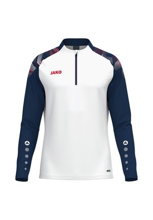 T-shirt de sport à manches longues avec devant blanc, manches bleu marine, bandes rouges et blanches aux épaules, et une courte fermeture éclair bleu marine au col.