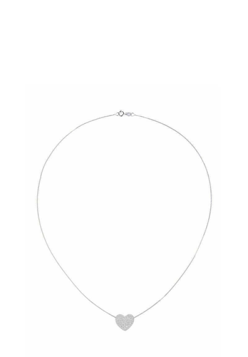 Strieborný retiazkový náhrdelník s malým príveskom v tvare srdca, vykladaným drobnými trblietavými kamienkami.
