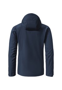 Marineblauer wasserdichter Parka mit Kapuze, langen Ärmeln und glatter Textur. Das Rückendesign ist schlicht, ohne sichtbare Hardware oder Akzente.