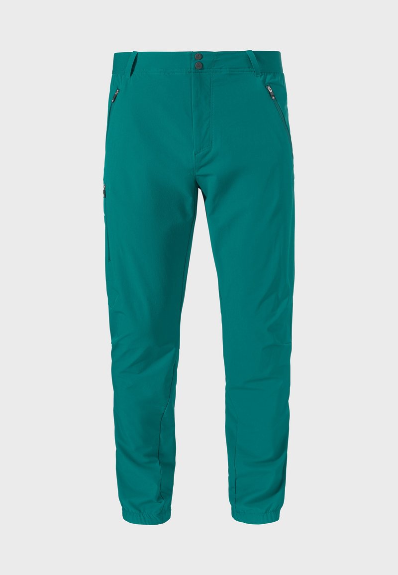 Türkise leichte Hose mit glatter Textur, ausgestattet mit zwei seitlichen Reißverschlusstaschen, einem flachen Taillenbund und einem schmalen Schnitt.