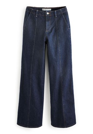Hoch taillierte, weit geschnittene Jeans aus dunkelblauem Denim mit Fronttaschen, Gürtelschlaufen und gesteppten Nahtdetails.