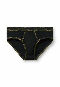 Bolsas de algodón negro con un patrón de camuflaje a lo largo de la cintura. Presenta un diseño de bolsa contorneada y un cuerpo completamente negro.