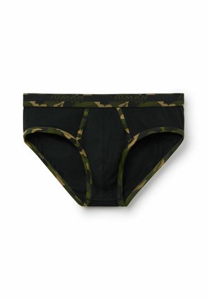 Schwarze Baumwollunterhose mit Camouflage-Muster entlang des Bunds. Verfügt über ein konturiertes Pouch-Design und einen komplett schwarzen Körper.