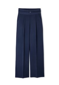 Granatowe spodnie o szerokiej nogawce z plisowanym przodem, elastycznym pasem i bocznymi kieszeniami. Wykonane z gładkiego, lekkiego materiału.