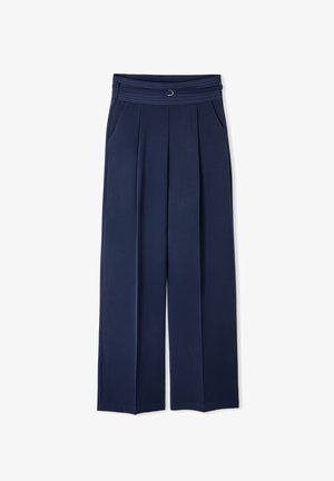 Marineblaue weite Hose mit gefaltetem Vorderteil, elastischem Bund und seitlichen Taschen. Hergestellt aus einem glatten, leichten Stoff.