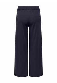 Námořnické culotte kalhoty s širokým střihem, elastickým pasem a jemnou, hladkou texturou látky. Žádné viditelné vzory ani kovové detaily.