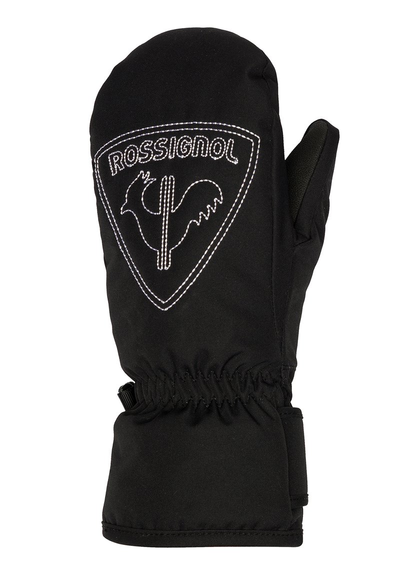 Černé lyžařské rukavice s logem na štítku, elastickým zápěstím a texturovanou tkaninou pro lepší úchop. Navrženy pro teplo a ochranu v chladném počasí.