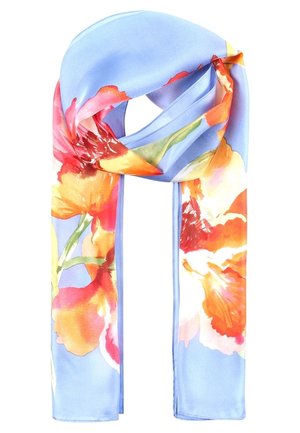 Foulard en soie bleu clair avec de grands motifs floraux orange, rouges et jaunes de style aquarelle, plié en boucle lâche.