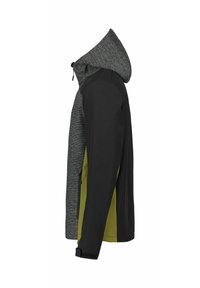 Giacca con cappuccio dal corpo nero, cappuccio grigio testurizzato e pannelli laterali verde oliva. Dotata di tasche con zip e polsini regolabili.