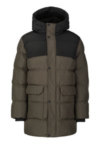 Pufferjack in olijfgroen en zwart, met een kap, een voorste knoopsluiting, twee drukknoopzakken en ribgebreide manchetten.
