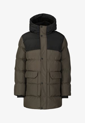 Puffermantel in Olivgrün und Schwarz, mit Kapuze, vorderem Knopfverschluss, zwei Druckknopftaschen und gerippten Bündchen.