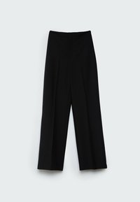 Black wide-leg trousers featuring a high waist, clean lines, and a smooth texture. Flared shape provides a relaxed fit.
