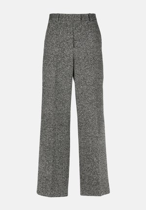 Pantaloni grigi a gamba larga realizzati in tessuto testurizzato con motivo a spina di pesce, caratterizzati da una vita alta e senza tasche visibili.