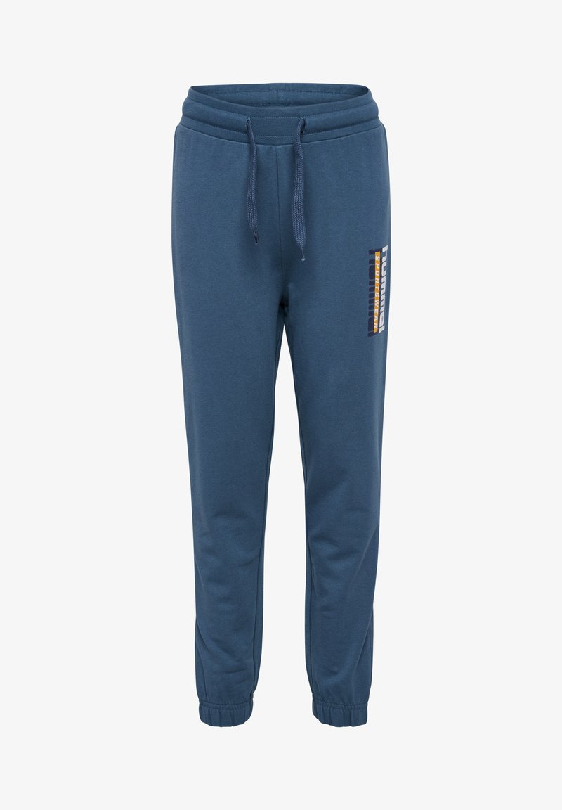 Blue sweatpants with an elastic waistband and drawstring. Features tapered legs and side branding in orange and yellow. Soft, textured fabric.