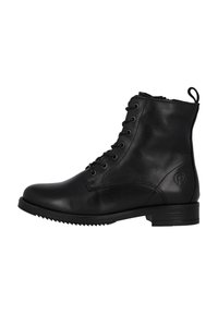 Botas de cuero negro hasta el tobillo con punta redonda, cordones en la parte delantera y suela de goma texturizada. Presentan un tacón en forma de lazo y un sutil logo en el costado.