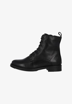 Zwarte leren enkelboots met een ronde neus, vetersluiting aan de voorkant en een gestructureerde rubberen zool. Voorzien van een lus aan de hiel en subtiele branding aan de zijkant.