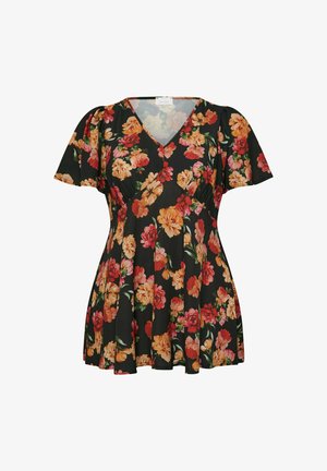 Musta kukkamekko lyhyillä hihoilla, jossa on V-päällystys ja värikkäitä kukkakuoseja punaisen, oranssin ja vaaleanpunaisen sävyissä.
