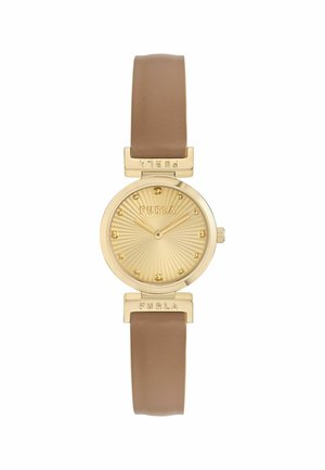 Kuldne ümmargune kellaketas päikesekiirte mustriga ja kuldsete märkidega, ühendatud ühtlase helepruuni nahkrihmaga, Furla kaubamärk korpuse ühenduskohtades.