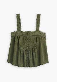 Top senza maniche verde oliva con ricami in pizzo, chiusura a bottoni, pieghe verticali e orlo arricciato, realizzato in tessuto leggero.