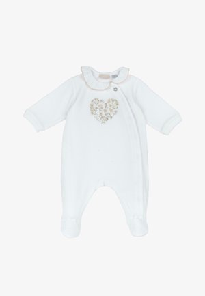 Grenouillère blanche douce avec des manches longues, col à volants, broderie florale en forme de cœur, fermeture pression à l'avant et nœuds sur les poignets des pieds.