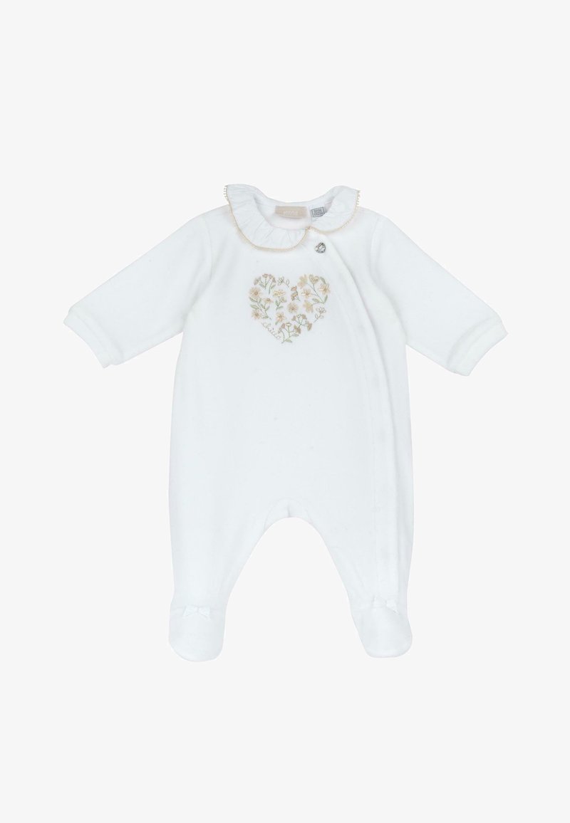 Grenouillère blanche douce avec des manches longues, col à volants, broderie florale en forme de cœur, fermeture pression à l'avant et nœuds sur les poignets des pieds.